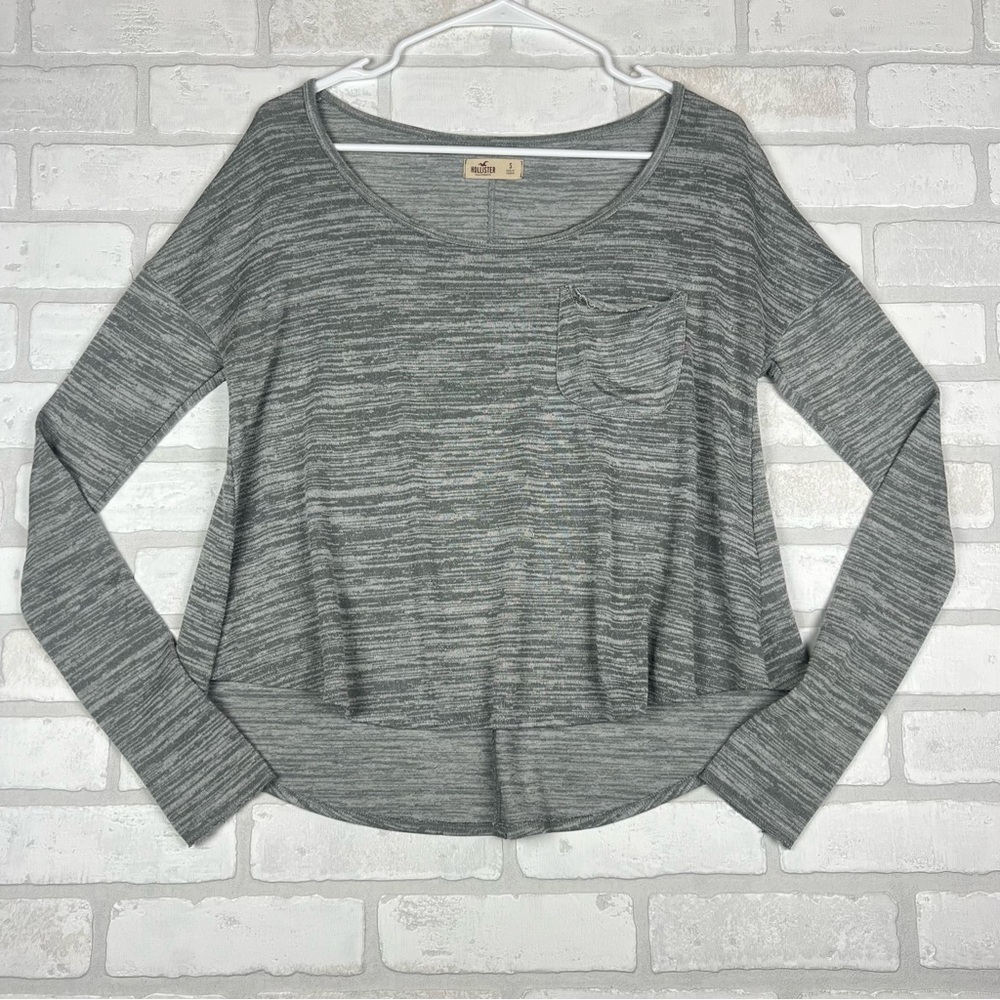 Hollister Womens Space Dye Long Sleeve Pocket Top Grey High Low Hem Small